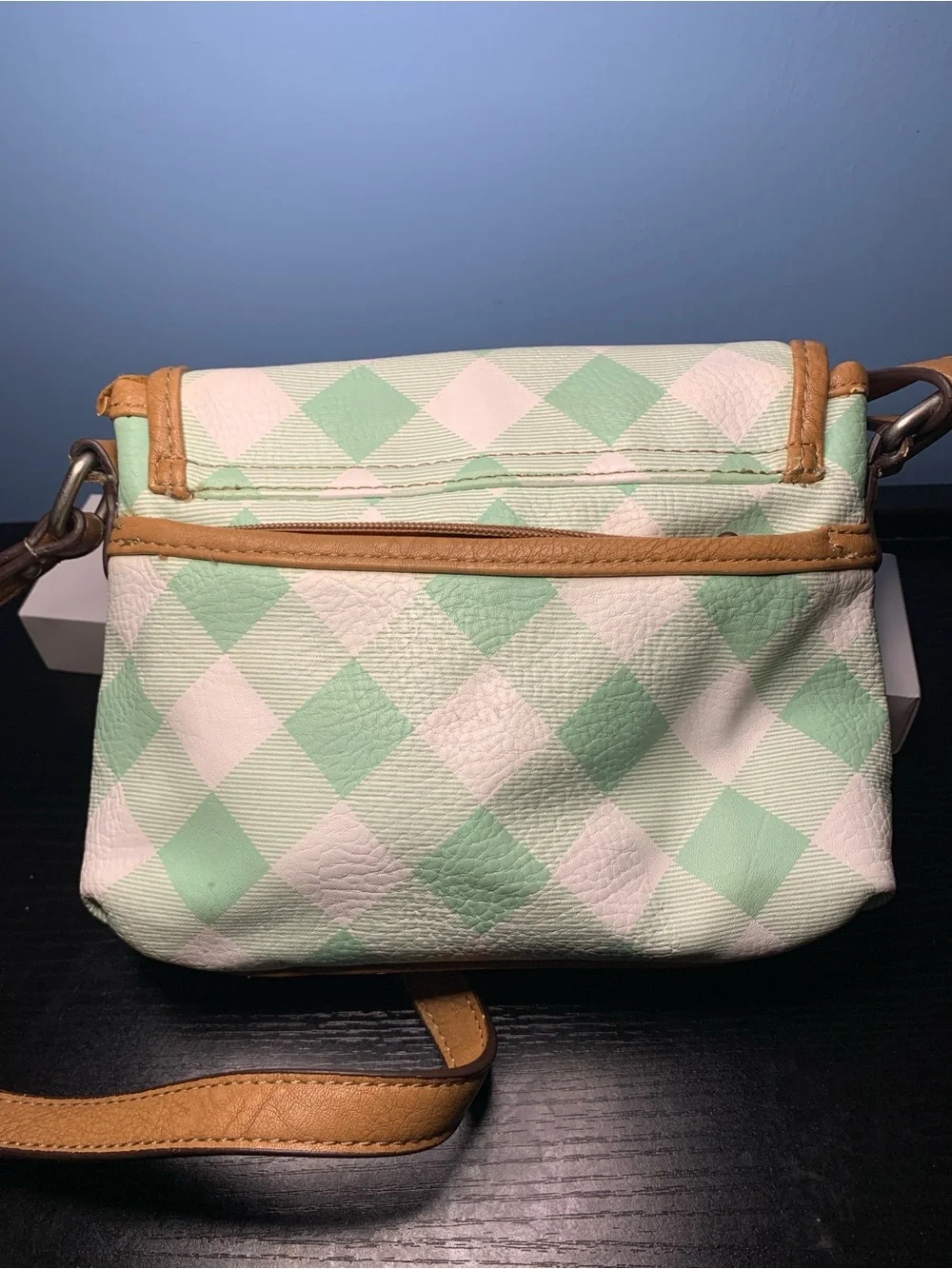 b.o.c. Mint and Cream Check Crossbody with Tan Trim and Strap